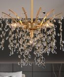 Pendant Light Fixtures, Dia 15.7in Hand-string Teardrop Crystal Modern Chandelier, Height Adjustable Gold Hanging Light Fixture, Mid Century Ceiling Lighting for Kitchen Island Bedroom Dining Room