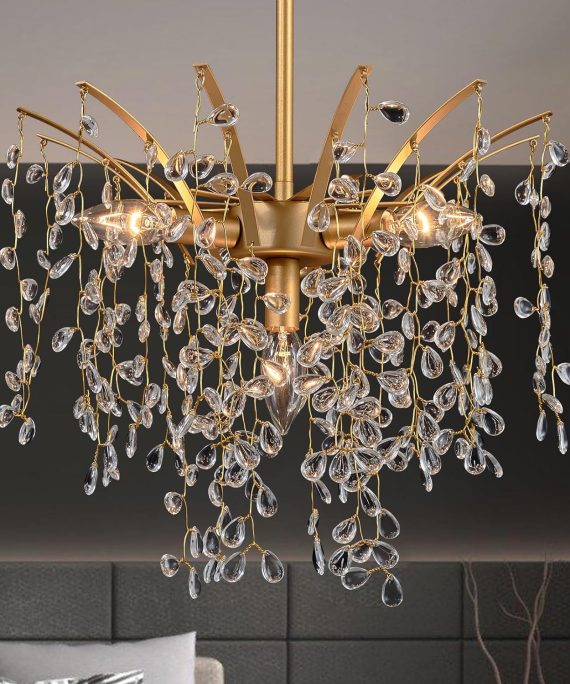 Pendant Light Fixtures, Dia 15.7in Hand-string Teardrop Crystal Modern Chandelier, Height Adjustable Gold Hanging Light Fixture, Mid Century Ceiling Lighting for Kitchen Island Bedroom Dining Room