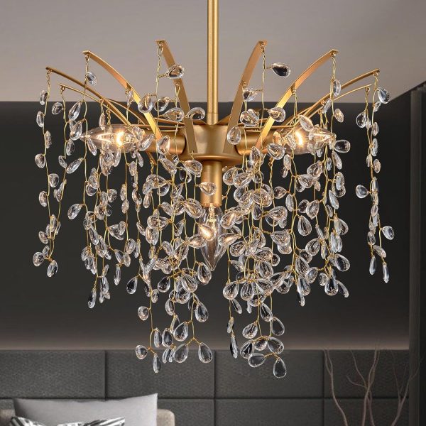 Pendant Light Fixtures, Dia 15.7in Hand-string Teardrop Crystal Modern Chandelier, Height Adjustable Gold Hanging Light Fixture, Mid Century Ceiling Lighting for Kitchen Island Bedroom Dining Room