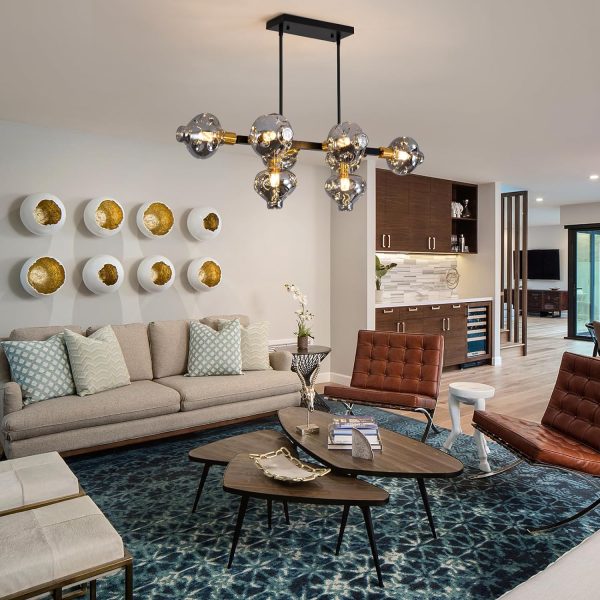 Mid Century Modern Chandelier 8-Light Black and Gold Chandeliers Fixture with Smoke Gray Glass,Ceiling Light Fixture Height Adustable Pendant Light for Kitchen Island Living Room Dining Room
