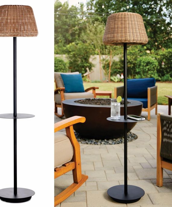 Lighting Solar Outdoor Floor Lamp with Table - Cordless Outdoor Floor Lamp - Patio, Porch, Garden - Rattan Wicker Lights for Outside - Waterproof, Rechargeable, Weatherproof