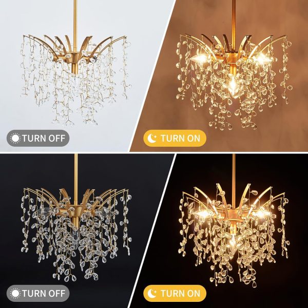 Pendant Light Fixtures, Dia 15.7in Hand-string Teardrop Crystal Modern Chandelier, Height Adjustable Gold Hanging Light Fixture, Mid Century Ceiling Lighting for Kitchen Island Bedroom Dining Room