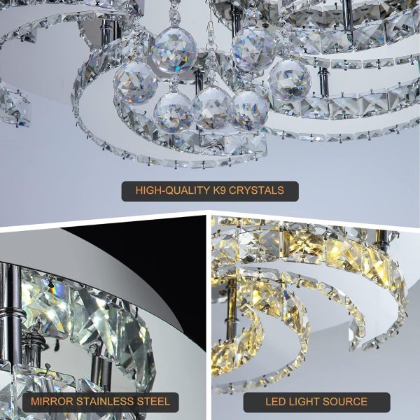 Sunny Hawaii Large Crystal Chandelier, 24in Flush Mount Flower Ceiling Light Fixture with Remote Control, Modern Led Indoor Ceiling Lamp for Kitchen Bathroom Bedroom Dining Room (Dimmable)