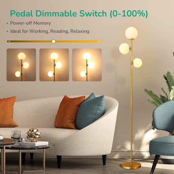 69in Gold Modern Floor Lamp for Living Room, Upgraded Dimmable 3 Globe Mid Century Standing Lamps, Built-in LED, Frosted Glass Shade, Luna Tall Pole Lamp for Bedroom, Hotel -Antique Brass
