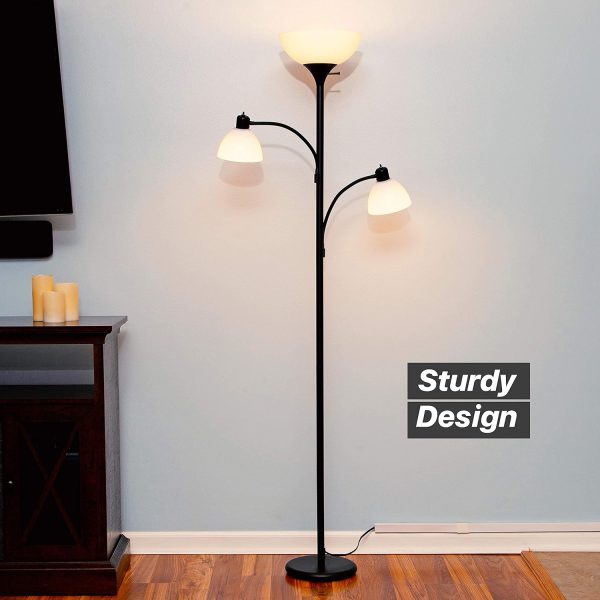 Double LED Floor lamp, Torchiere Super Bright Floor Lamp with 2 Reading Lamps for Living Rooms & Offices - Dimmable Tall Standing Lamp for Bedroom Reading - Tall Black Pole