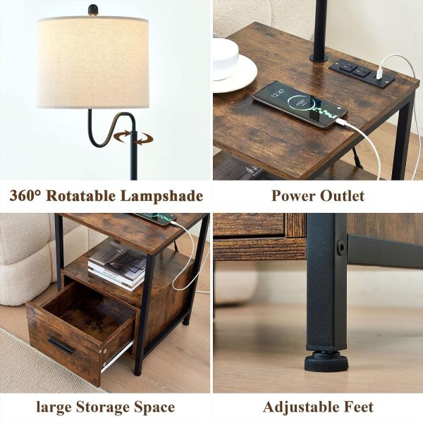 Floor Lamp with Table, Wooden End Table with Lamp Attached with USB Port and Outlets, Rustic Bedside Nightstand Lamp with Shelves for Living Room Bedroom Home Office, Brown, LY0033