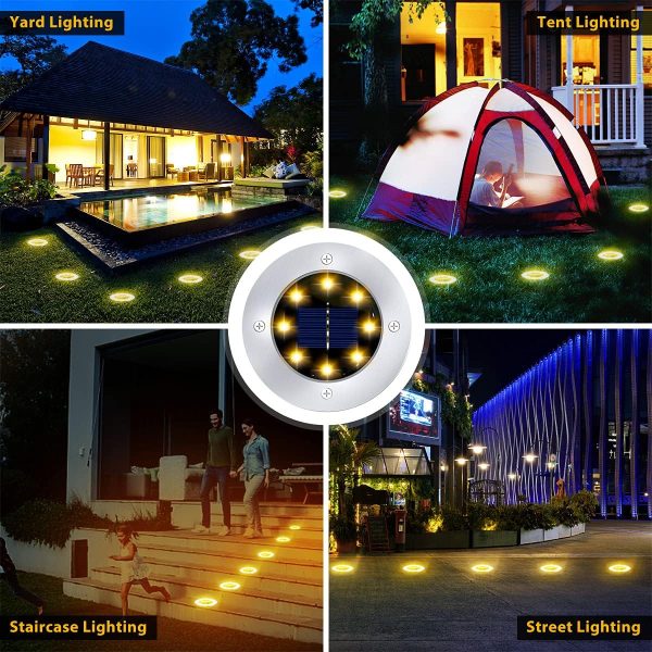 Solar Ground Lights - 8LED Solar Garden Lights Outdoor Waterproof Sidewalk Disk Bright In-Ground Landscape Lighting for Lawn Patio Pathway Yard Steps Deck Walkway Light (Warm White) (10 Pack)