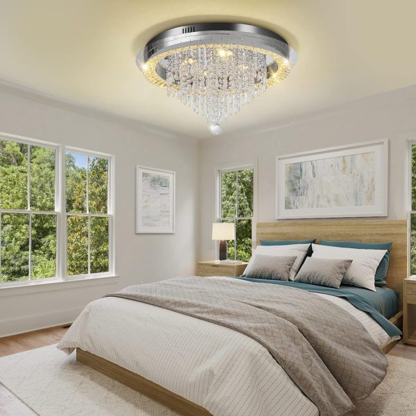 Sunny Hawaii Large Elegant Bead Crystal Chandelier, 24in Modern Led Indoor Ceiling Lamp, Flush Mount Ceiling Light Fixture for Kitchen Bathroom Bedroom Dining Room.