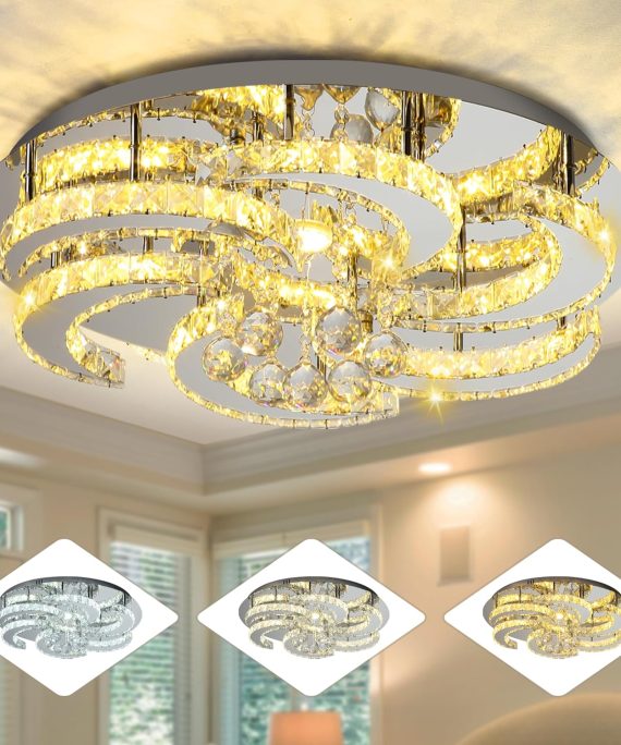 Sunny Hawaii Large Crystal Chandelier, 24in Flush Mount Flower Ceiling Light Fixture with Remote Control, Modern Led Indoor Ceiling Lamp for Kitchen Bathroom Bedroom Dining Room (Dimmable)