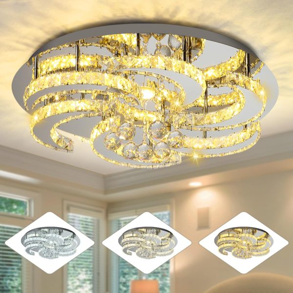 Sunny Hawaii Large Crystal Chandelier, 24in Flush Mount Flower Ceiling Light Fixture with Remote Control, Modern Led Indoor Ceiling Lamp for Kitchen Bathroom Bedroom Dining Room (Dimmable)