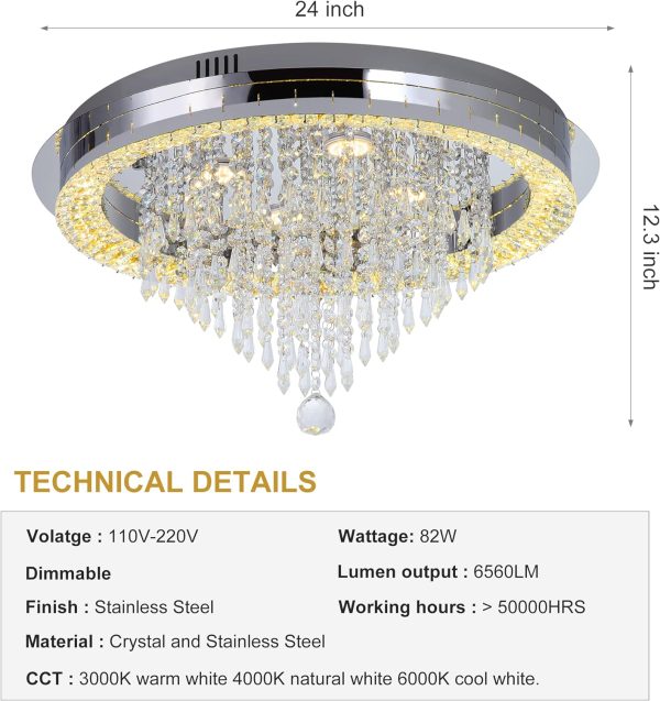Sunny Hawaii Large Elegant Bead Crystal Chandelier, 24in Modern Led Indoor Ceiling Lamp, Flush Mount Ceiling Light Fixture for Kitchen Bathroom Bedroom Dining Room.