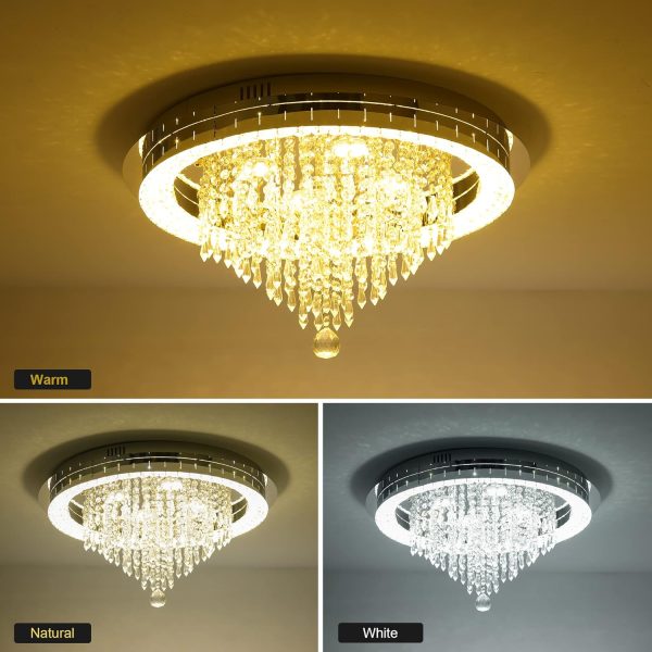 Sunny Hawaii Large Elegant Bead Crystal Chandelier, 24in Modern Led Indoor Ceiling Lamp, Flush Mount Ceiling Light Fixture for Kitchen Bathroom Bedroom Dining Room.