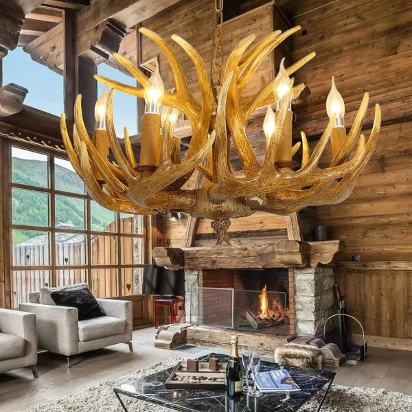 Antler Chandelier 6 Light, Resin Deer Antler Chandelier Lighting, Rustic Antler Ceiling light Fixtures with E12 Base, Christmas Antler Chandelier Decorations for Dining Room Porch Kitchen Entryway