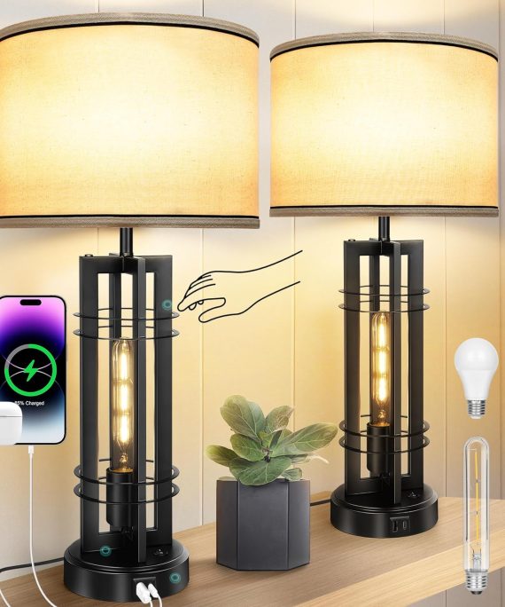 Bedside Lamps Set of 2, 3 Way Dimmable Bedside Table Lamp with LED Nightlight, Touch Beside lamp with A+C Charging Ports, Nightstand Lamps for Bedroom, Living Room (4 LED Bulbs Included)