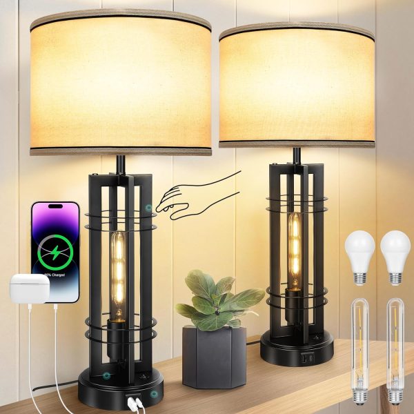 Bedside Lamps Set of 2, 3 Way Dimmable Bedside Table Lamp with LED Nightlight, Touch Beside lamp with A+C Charging Ports, Nightstand Lamps for Bedroom, Living Room (4 LED Bulbs Included)