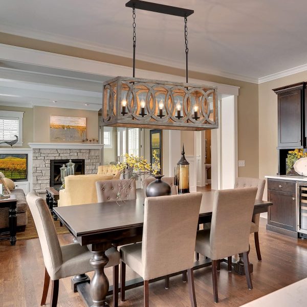 5-Light Farmhouse Kitchen Island Chandelier Rectangular Dining Room Lights Fixtures Over Table, 30" Linear Rustic Wood Ceiling Pendant Hanging Lighting Pool Table Light Fixture for Restaurant