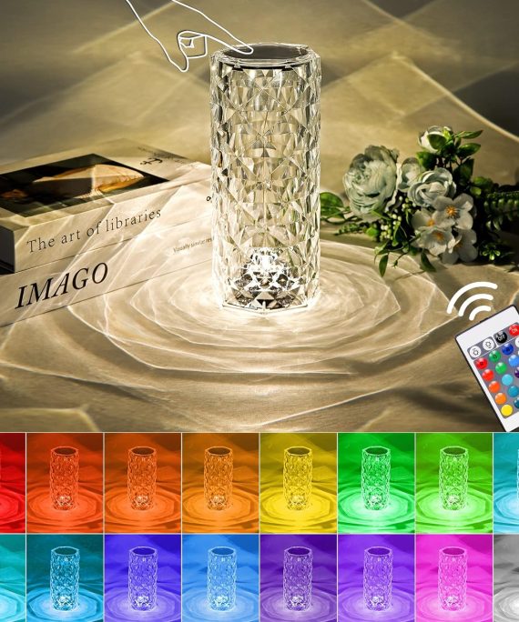 Crystal Lamp Touching Control Rose Shadow Crystal Table Lamp, 16 Color Changing RGB Night Light with USB & Remote Control, LED Rose Diamond Touch Lamp for Bar, Bedroom, Gift for Kids Girls Lover