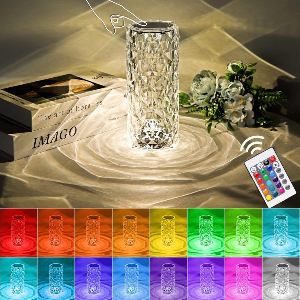 Crystal Lamp Touching Control Rose Shadow Crystal Table Lamp, 16 Color Changing RGB Night Light with USB & Remote Control, LED Rose Diamond Touch Lamp for Bar, Bedroom, Gift for Kids Girls Lover