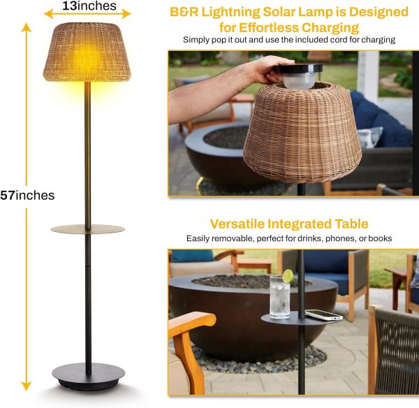 Lighting Solar Outdoor Floor Lamp with Table - Cordless Outdoor Floor Lamp - Patio, Porch, Garden - Rattan Wicker Lights for Outside - Waterproof, Rechargeable, Weatherproof