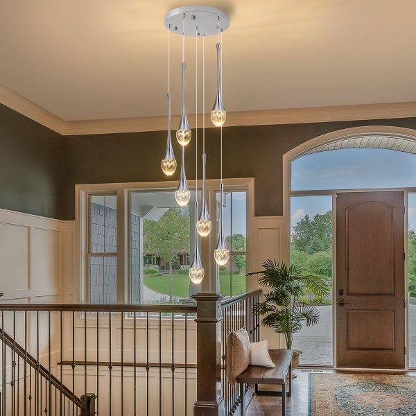 Modern Crystal Bubble Chandelier 7-Lights,High Ceiling Dimmable LED Crystal Spiral Raindrop Light for Foyer Entryway Dining Room with Remote Control Chrome