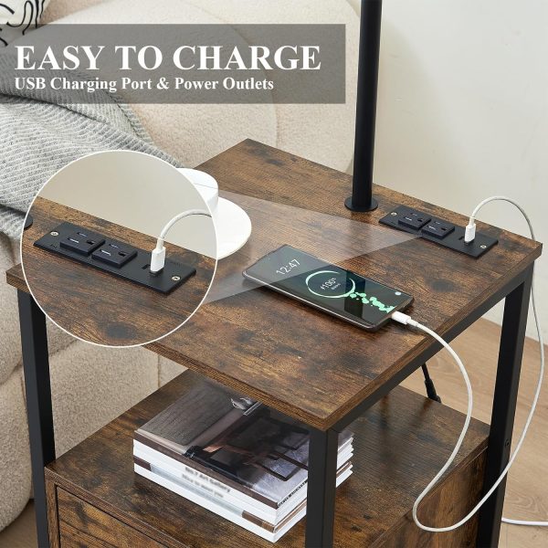 Floor Lamp with Table, Wooden End Table with Lamp Attached with USB Port and Outlets, Rustic Bedside Nightstand Lamp with Shelves for Living Room Bedroom Home Office, Brown, LY0033