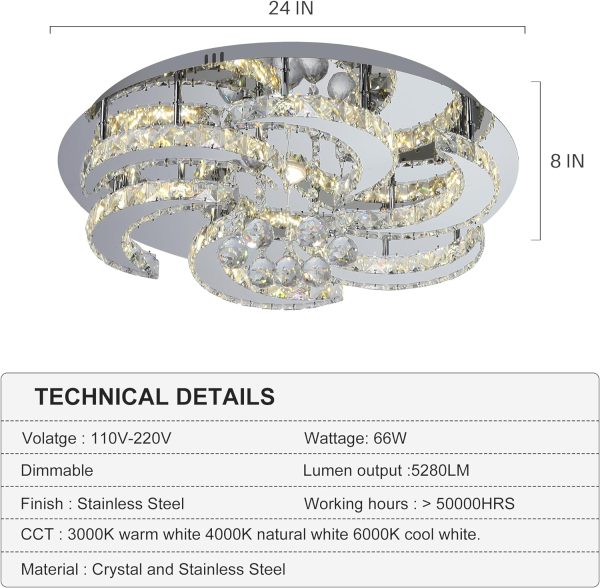Sunny Hawaii Large Crystal Chandelier, 24in Flush Mount Flower Ceiling Light Fixture with Remote Control, Modern Led Indoor Ceiling Lamp for Kitchen Bathroom Bedroom Dining Room (Dimmable)