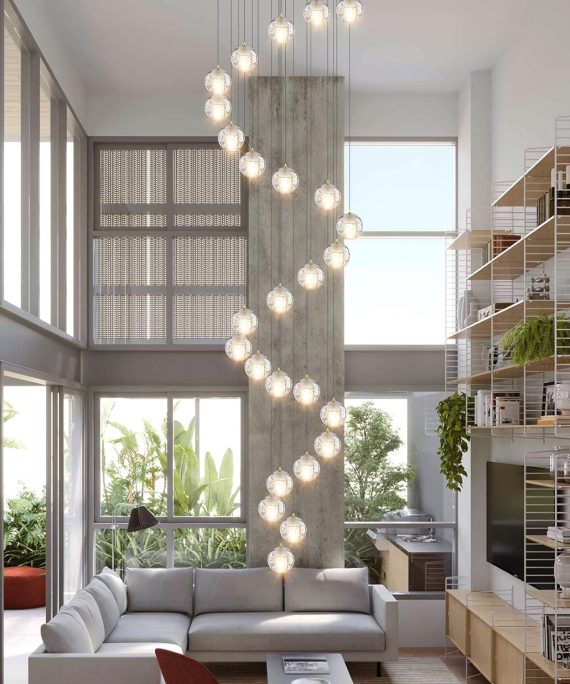 26-Lights Large Chandelier Modern 14 Feet Long Lights for Living Foyer Entryway Staircase Sloped High Ceiling Spiral Pendant Lighting Bubble Crystal Warm Light, Gold
