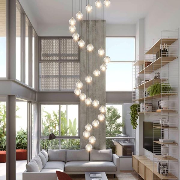 26-Lights Large Chandelier Modern 14 Feet Long Lights for Living Foyer Entryway Staircase Sloped High Ceiling Spiral Pendant Lighting Bubble Crystal Warm Light, Gold