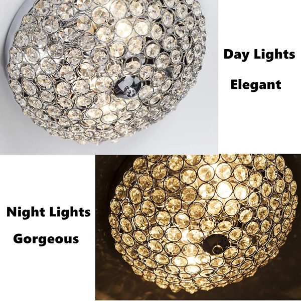 Modern Flush Mount Crystal Ceiling Light, 2-Light Small Chandelier Close to Ceiling Light Fixtures for Bedroom, Entryway, Foyer, Hallway, Dining Room, Chrome Finish Bowl Shape Shade E12