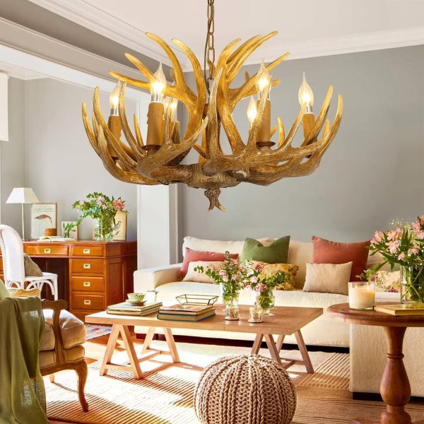 Antler Chandelier 6 Light, Resin Deer Antler Chandelier Lighting, Rustic Antler Ceiling light Fixtures with E12 Base, Christmas Antler Chandelier Decorations for Dining Room Porch Kitchen Entryway