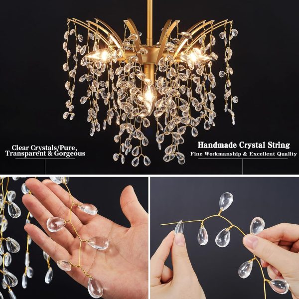 Pendant Light Fixtures, Dia 15.7in Hand-string Teardrop Crystal Modern Chandelier, Height Adjustable Gold Hanging Light Fixture, Mid Century Ceiling Lighting for Kitchen Island Bedroom Dining Room