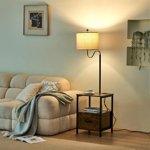 Floor Lamp with Table, Wooden End Table with Lamp Attached with USB Port and Outlets, Rustic Bedside Nightstand Lamp with Shelves for Living Room Bedroom Home Office, Brown, LY0033