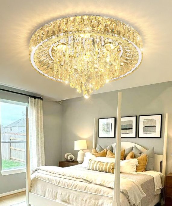 Modern Crystal Chandeliers for Dining Room LED Light Fixture Close to Ceiling Chandelier Flush Mount Ceiling Light Dimmable Lamp with Remote for Living Room Bedroom Hallway 2700K 6000K