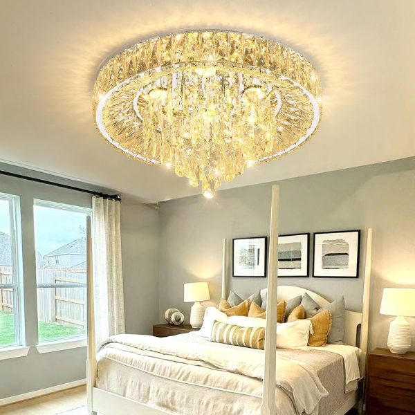 Modern Crystal Chandeliers for Dining Room LED Light Fixture Close to Ceiling Chandelier Flush Mount Ceiling Light Dimmable Lamp with Remote for Living Room Bedroom Hallway 2700K 6000K