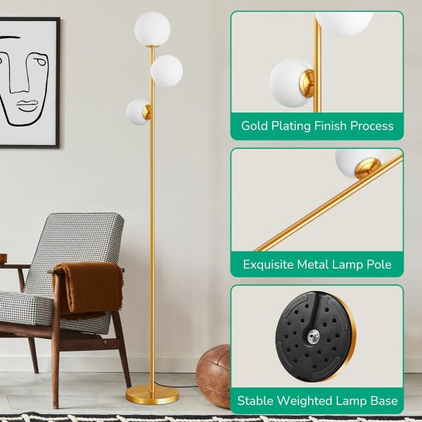 69in Gold Modern Floor Lamp for Living Room, Upgraded Dimmable 3 Globe Mid Century Standing Lamps, Built-in LED, Frosted Glass Shade, Luna Tall Pole Lamp for Bedroom, Hotel -Antique Brass