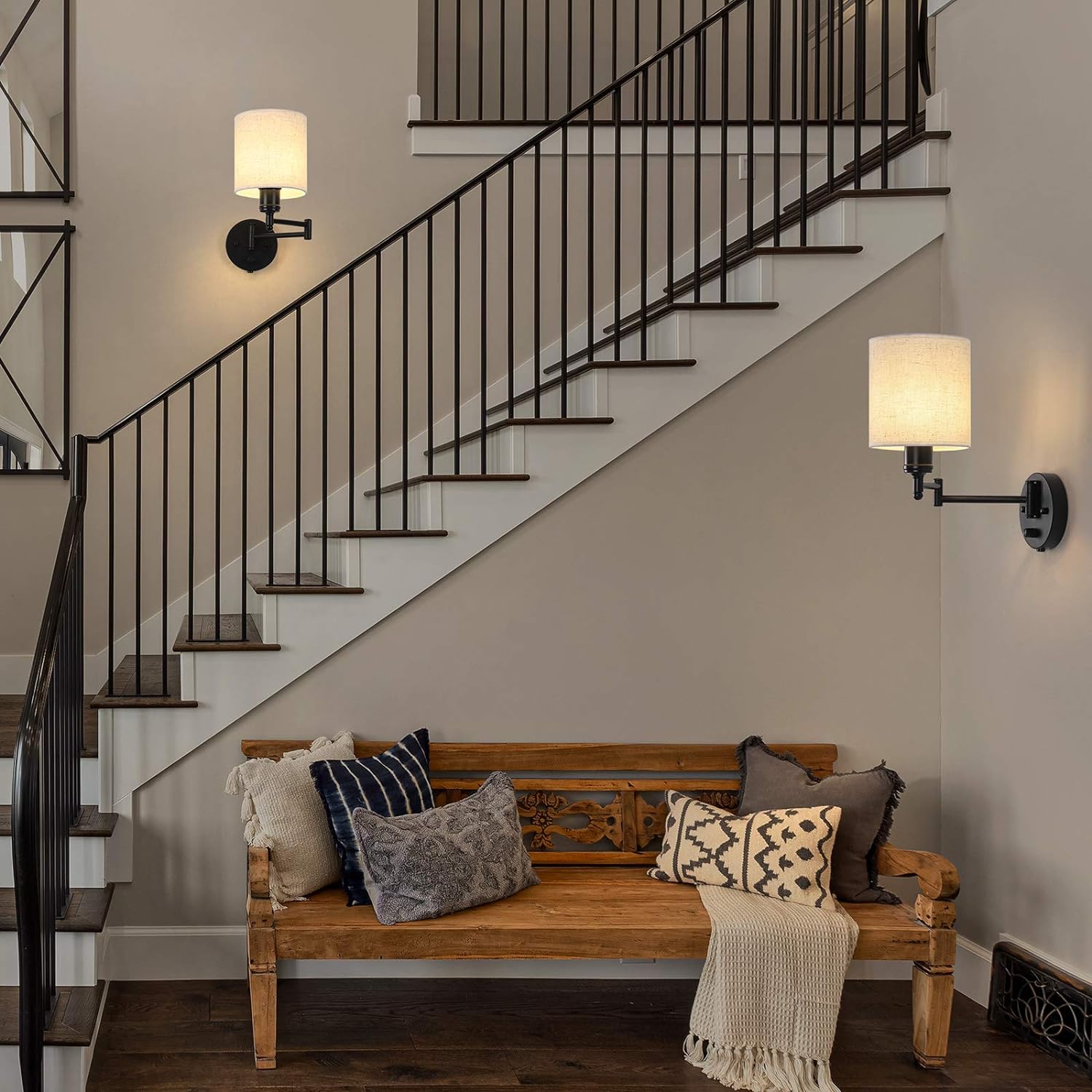 Plug in Wall Light Set of 2, Swing Arm Wall Lamps, Modern Bedroom Wall Sconce Fixtures with Linen Lampshade for Reading Hallway Living Room