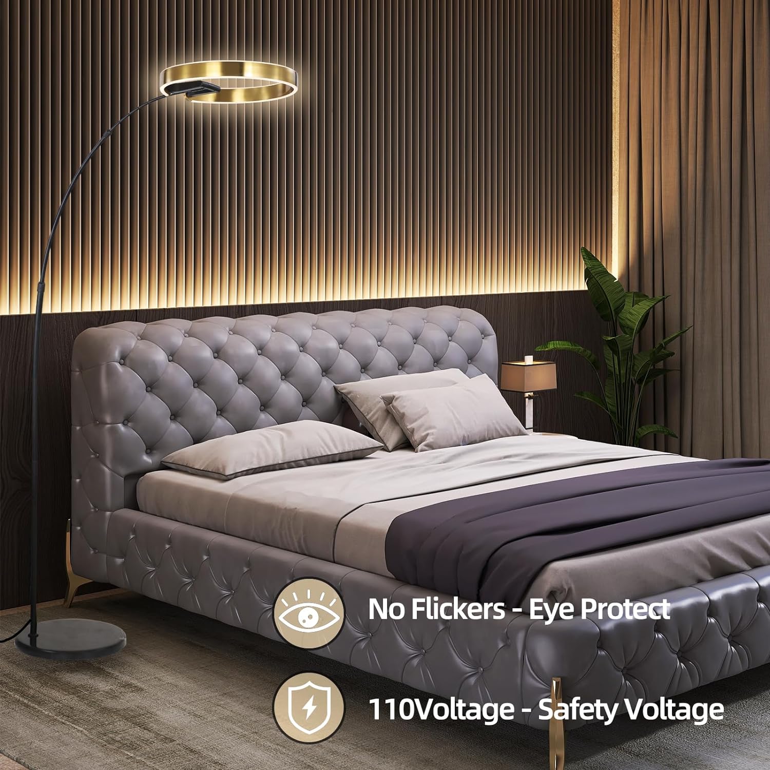 MGJXTWG Arc Floor Lamps for Living Room, Gold Modern Floor Lamp, Tall Pole Lamp with Foot Switch, Adjustable Hanging Drum Shade, Over Couch Arched Reading Light for Bedroom, Office,