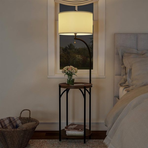 Lavish Home Floor Lamp with Table - Modern Rustic Side Table with USB Charging Port, LED Bulb, and Drum-Shaped Shade - Standing Light with Shelves 16 in x 16 in x 58 in