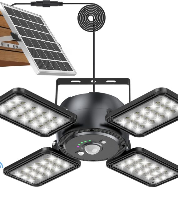 Solar Pendant Light Outdoor Indoor Solar Powered Motion Sensor Shed Light,144LED 1200LM Daytime Work Light with 5 Lighting Modes Remote Control 4 Heads Light for Garage Gazebo Barn (Black)