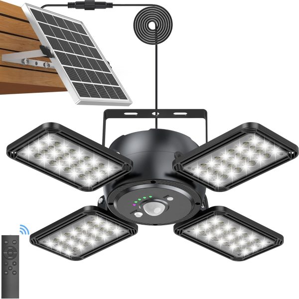 Solar Pendant Light Outdoor Indoor Solar Powered Motion Sensor Shed Light,144LED 1200LM Daytime Work Light with 5 Lighting Modes Remote Control 4 Heads Light for Garage Gazebo Barn (Black)