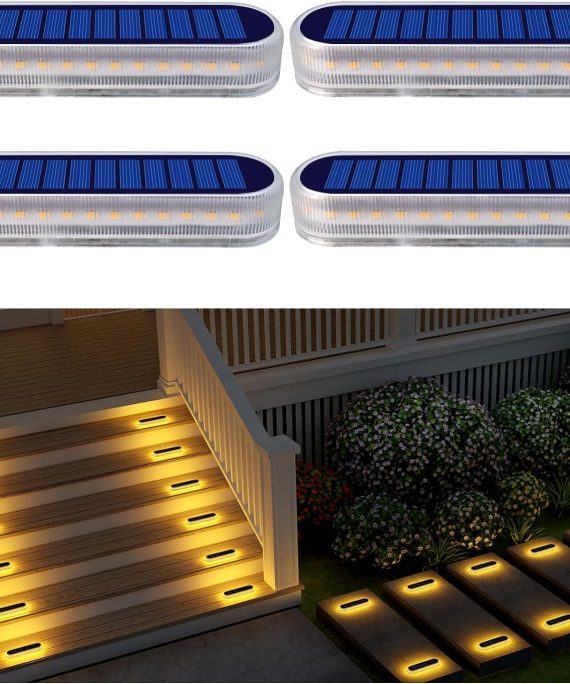 Solar Step Lights Waterproof,Warm White Solar Deck Lights Outdoor,Solar Fence Lights LED,Solar Lights for Stairs,Yard,Patio,Post,Railing,Garden,Backyard,Front Door,Pathway,Driveway,Porch(4 Pack)