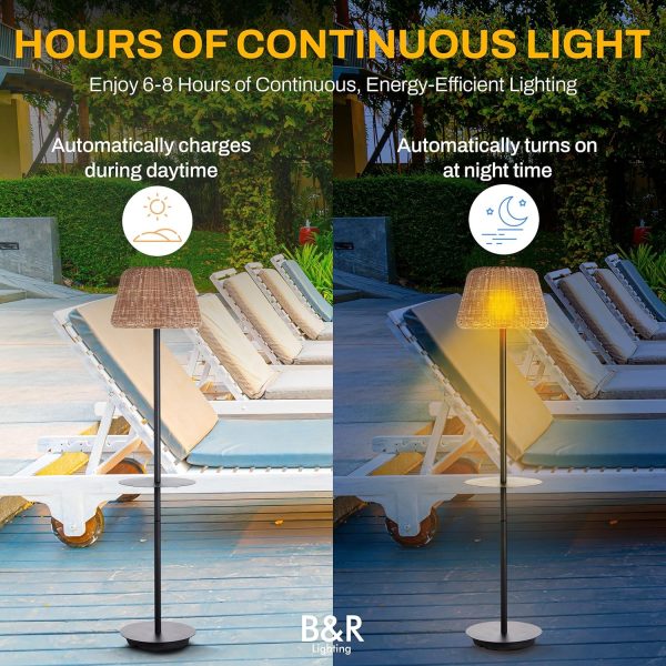 Lighting Solar Outdoor Floor Lamp with Table - Cordless Outdoor Floor Lamp - Patio, Porch, Garden - Rattan Wicker Lights for Outside - Waterproof, Rechargeable, Weatherproof