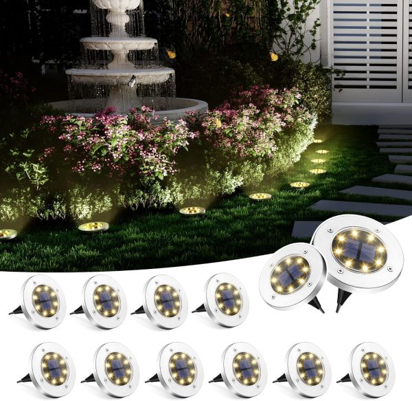 Solar Garden Lights, 8 LED Solar Lights Outdoor Waterproof for Outside Garden Disk Landscape Lighting for Ground Yard Deck Lawn Patio Pathway Walkway (12 Pack, White)