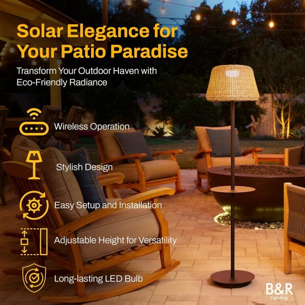 Lighting Solar Outdoor Floor Lamp with Table - Cordless Outdoor Floor Lamp - Patio, Porch, Garden - Rattan Wicker Lights for Outside - Waterproof, Rechargeable, Weatherproof