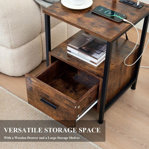 Floor Lamp with Table, Wooden End Table with Lamp Attached with USB Port and Outlets, Rustic Bedside Nightstand Lamp with Shelves for Living Room Bedroom Home Office, Brown, LY0033
