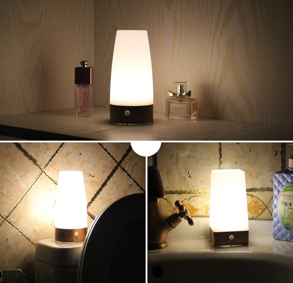 Portable PIR Motion Sensor Retro LED Night Light, Wireless Battery Operated Moving Table Lamp for Kids Room, Nursery, Child House, Living, Bedroom, Hallway, Stair, Kitchen (Golden Round)