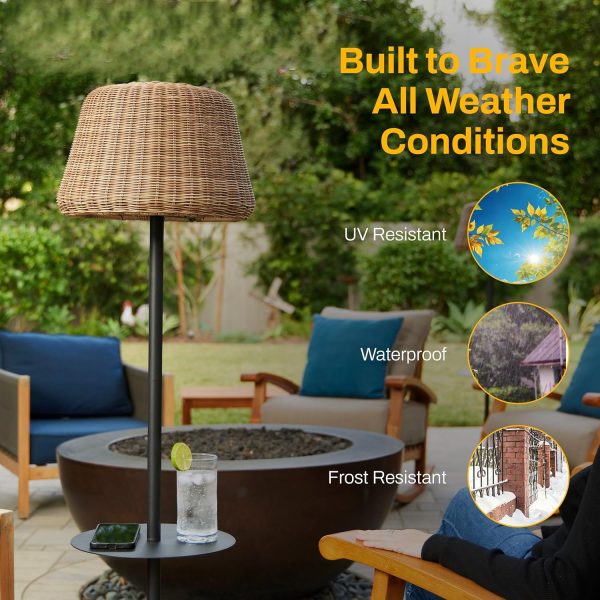 Lighting Solar Outdoor Floor Lamp with Table - Cordless Outdoor Floor Lamp - Patio, Porch, Garden - Rattan Wicker Lights for Outside - Waterproof, Rechargeable, Weatherproof