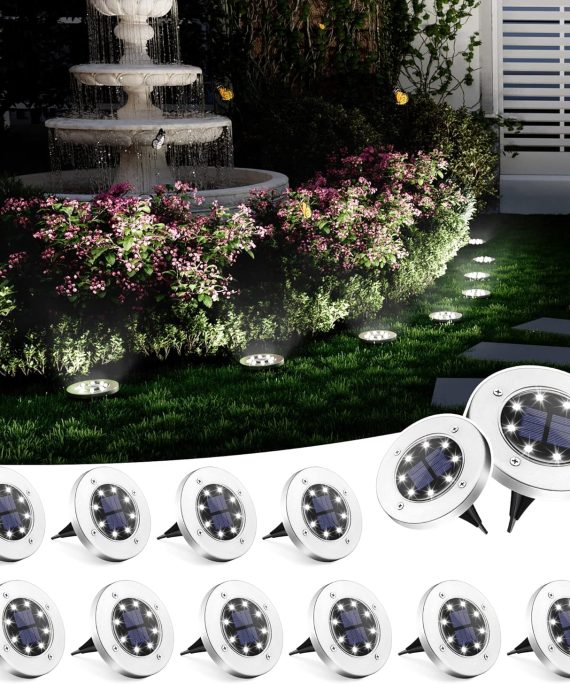 Solar Garden Lights, 8 LED Solar Lights Outdoor Waterproof for Outside Garden Disk Landscape Lighting for Ground Yard Deck Lawn Patio Pathway Walkway (12 Pack, White)