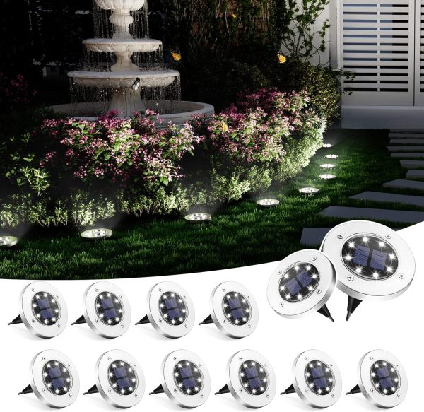 Solar Garden Lights, 8 LED Solar Lights Outdoor Waterproof for Outside Garden Disk Landscape Lighting for Ground Yard Deck Lawn Patio Pathway Walkway (12 Pack, White)